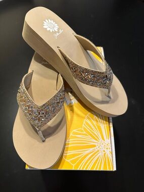 Yellow Box Tan Beaded Wedge Flip-Flops with Gold Accents
